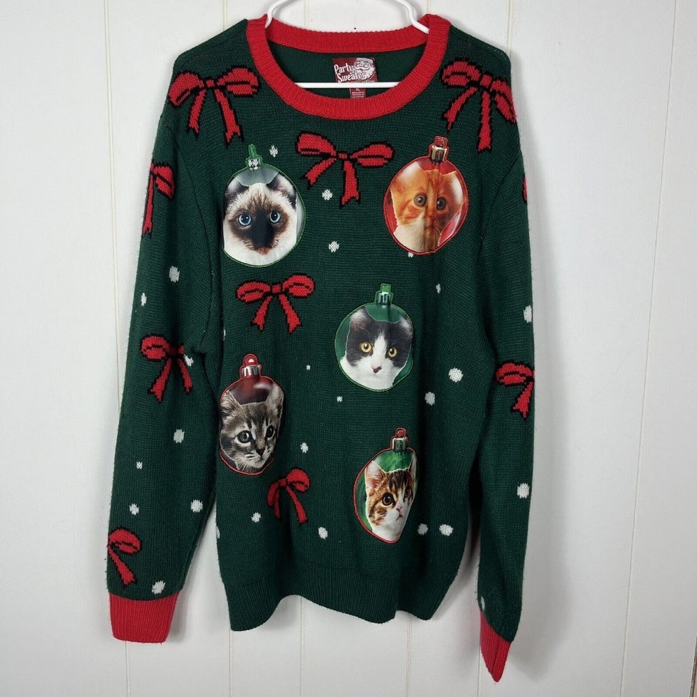 Party Sweater Dec 25th Adult Ugly Christmas Sweater XL Green Cat Ornaments Kitty